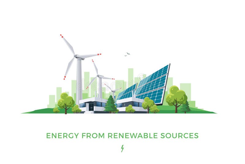 Isolated vector illustration of clean electric energy from renewable sources sun and wind. Power plant station buildings with solar panels and wind turbines on city skyline urban landscape background. Isolated vector illustration of clean electric energy from renewable sources sun and wind. Power plant station buildings with solar panels and wind turbines on city skyline urban landscape background.