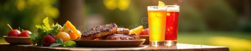Słoneczny podwórkowy grill grill jedzenie piwo grill ilustracji