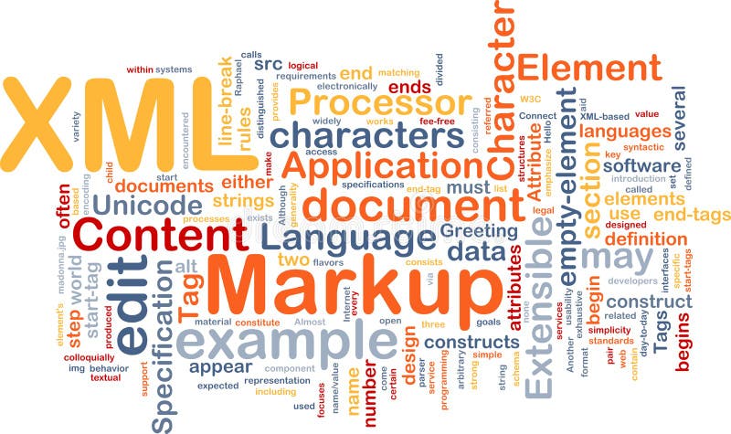 Word cloud concept illustration of XML markup language. Word cloud concept illustration of XML markup language