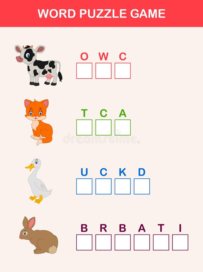Illustration of Words puzzle children educational game. Place the letters farm animals in right order. Illustration of Words puzzle children educational game. Place the letters farm animals in right order
