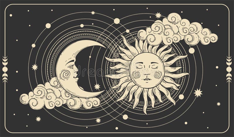 Słońce i półksiężyc z twarzą na czarnym kosmicznym tle. koncepcja mitologii karcianej ilustracji