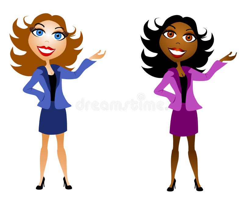 A clip art illustration of caucasian and african american business women smiling with hand raised as to be pointing to or presenting something. Isolated on white. A clip art illustration of caucasian and african american business women smiling with hand raised as to be pointing to or presenting something. Isolated on white