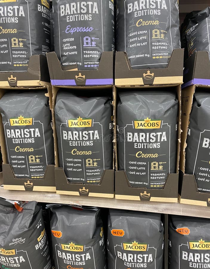 Jacobs Barista Editions Crema Ground Coffee, Row of Coffee in Plastic Bags  Packing in a Supermarket Shelf Close Up, Russia, Saint- Editorial Image -  Image of germany, brand: 215594890