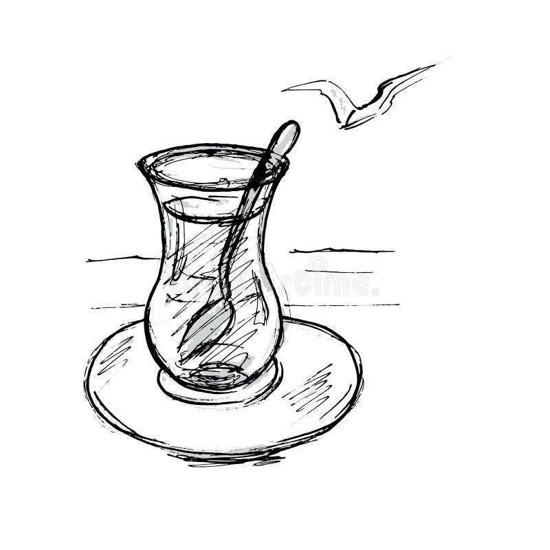Turkisches Teeglas Mit Seeansicht Und Seemowehintergrund Vektor Abbildung Illustration Von Vektor Hand 102735591