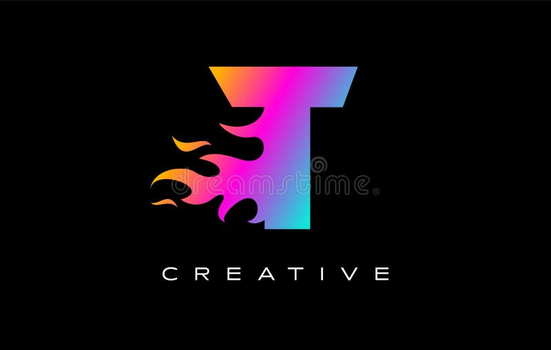 T Letter Flame Logo Design. Fire Logo Lettering Concept Vector in Rainbow Vibrant Colors