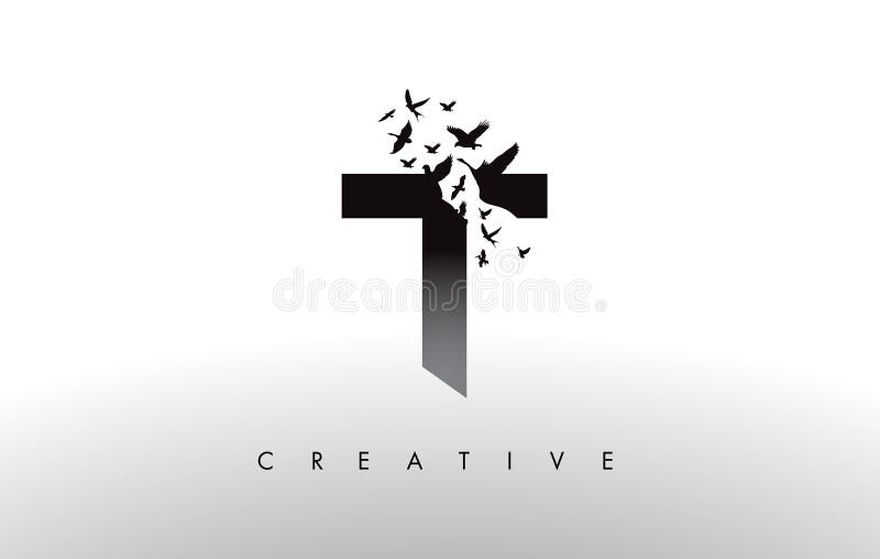 Logótipo da letra T com um bando de pássaros a voar e a desfazer-se a partir de ilustração stock