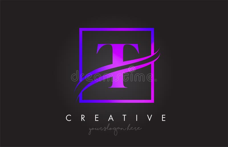 T Purple Violet Letter Logo Design with Square Swoosh Border and ...