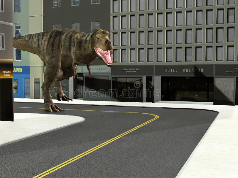 T Rex Dinosaur, Downton City Street Stock Illustration - Illustration of  danger, downtown: 64131823