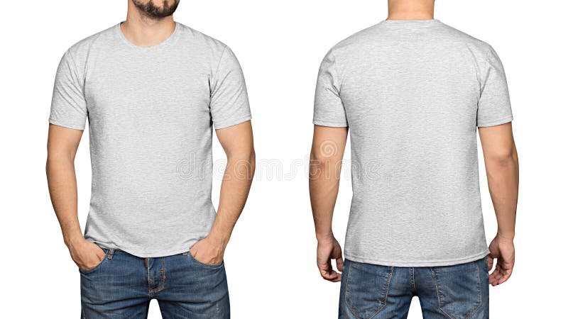 T-shirt cinzento em um fundo branco, em uma parte dianteira e em uma parte traseira do homem novo imagens de stock T-shirt cinzento em um fundo branco, em uma parte dianteira e em uma parte traseira do homem novo imagens de stock