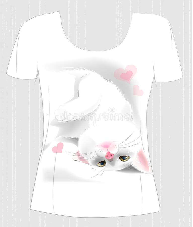 T-shirt design with playful white cat and hearts.