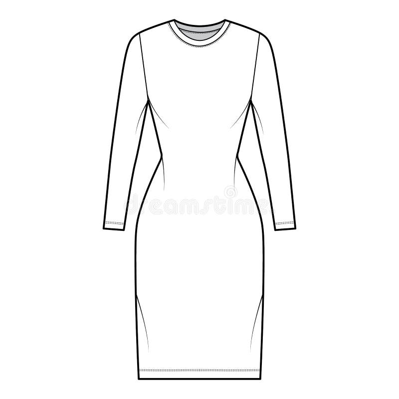 T-shirt Dress Technical Fashion Illustration with Crew Neck, Long ...