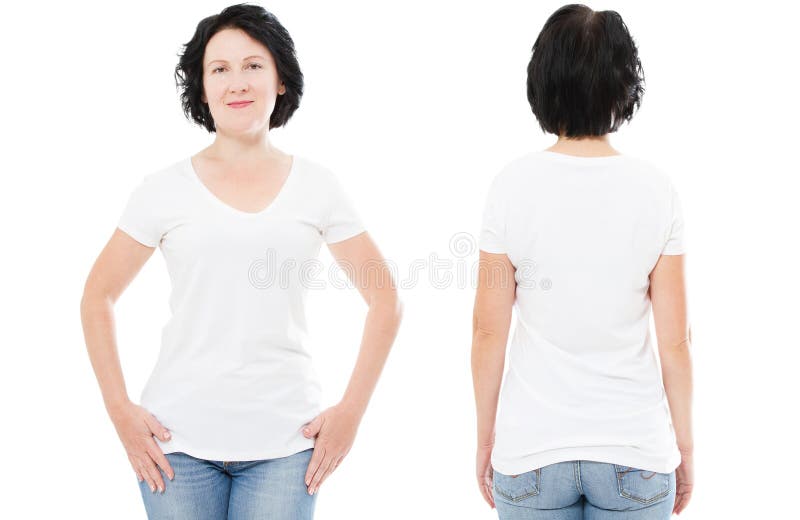 T-Shirt Entwurf und Leutekonzept - Abschluss oben Frau der von mittlerem Alter im leeren weißen T-Shirt, Hemd Vorder- und Rücksei stockbilder T-Shirt Entwurf und Leutekonzept - Abschluss oben Frau der von mittlerem Alter im leeren weißen T-Shirt, Hemd Vorder- und Rücksei stockbilder