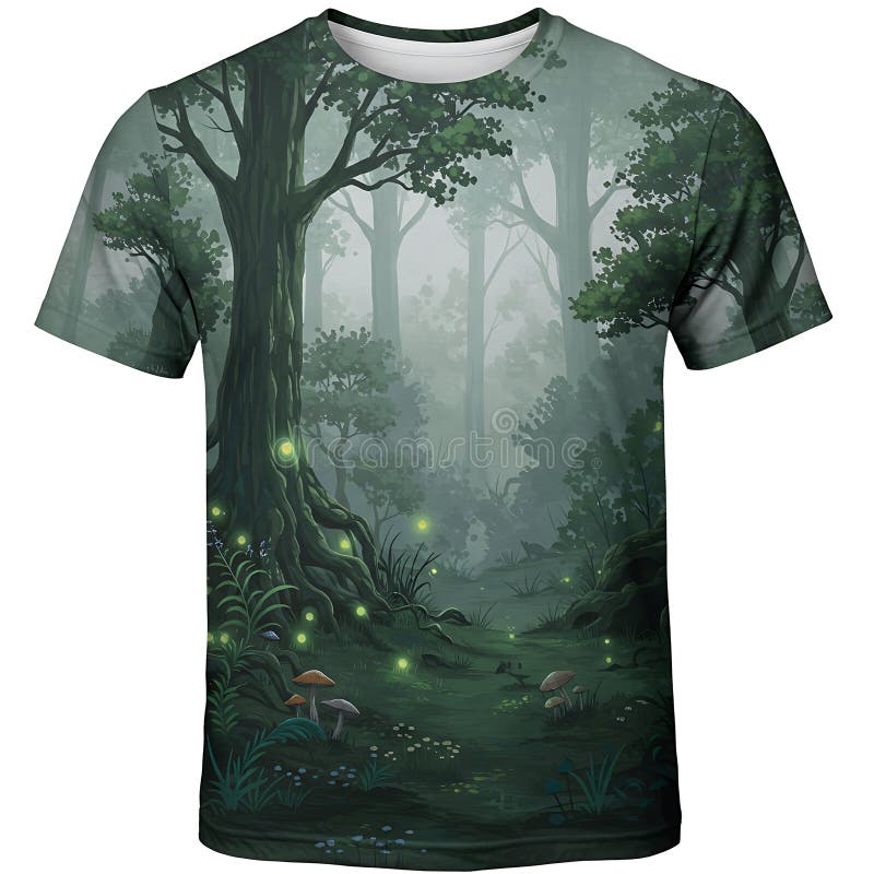 T-shirt featuring an enchanting forest design. The foreground showcases tall, leafy royalty free illustration