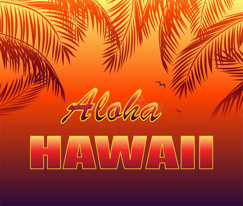 T-shirt hot tropical print with Aloha Hawaii lettering, seagull and orange palm leaves silhouettes on night background