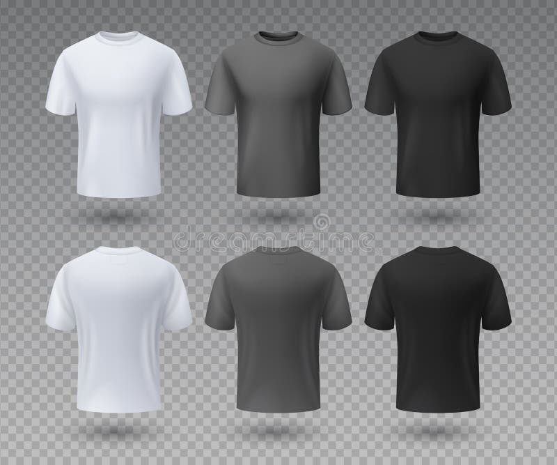 T-shirt masculino realístico O modelo branco e preto, a parte dianteira e a vista traseira 3D isolaram o molde do projeto Desgast
