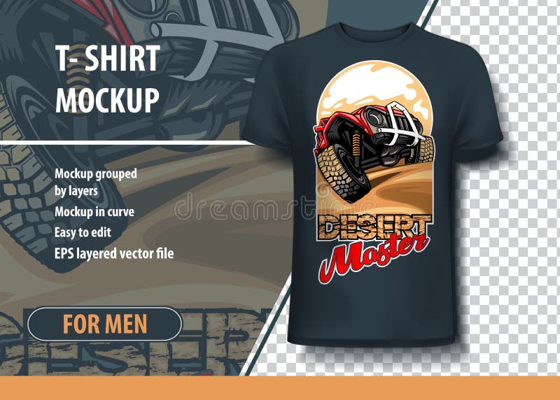 T-shirt Mock-up Template with Suv on Desert Hills . Editable Vector ...