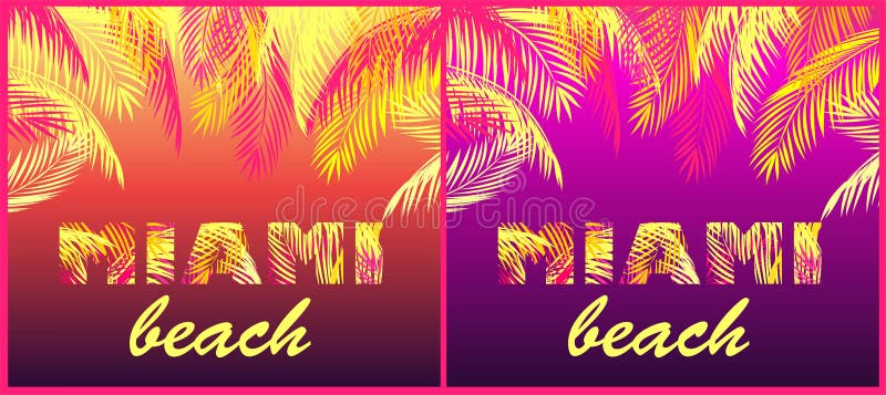T shirt party prints variation with Miami beach lettering with yellow and pink palm leaves on neon night background stock illustration T shirt party prints variation with Miami beach lettering with yellow and pink palm leaves on neon night background stock illustration