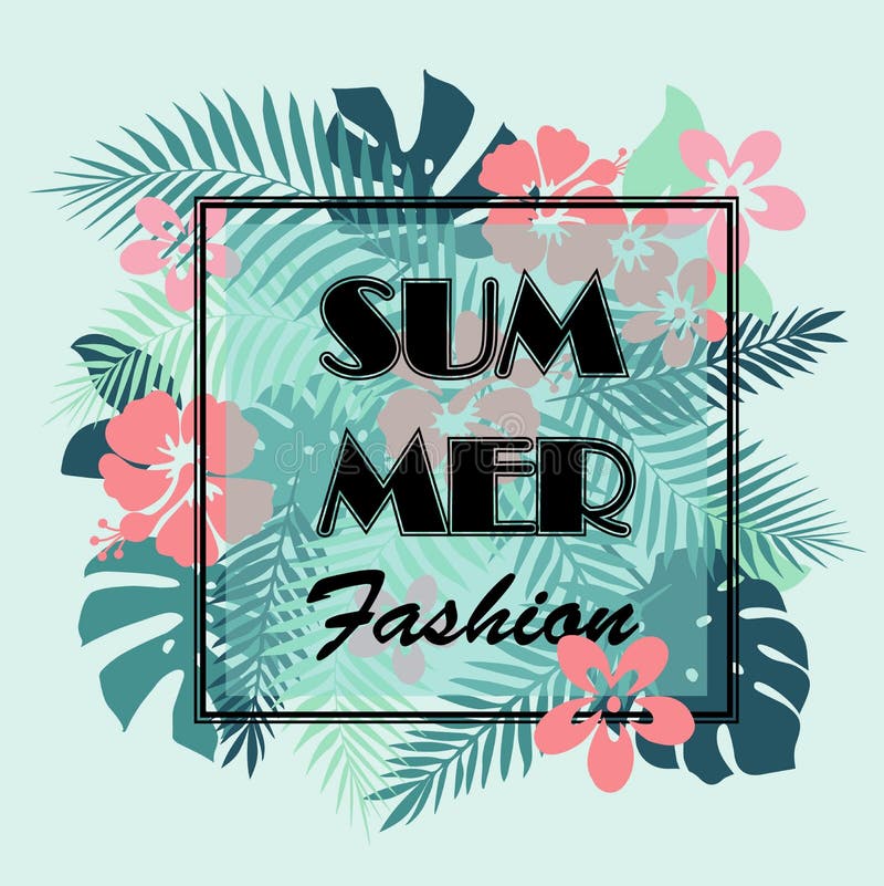 T-shirt or poster design print with palm leaves and exotic flowe vector illustration T-shirt or poster design print with palm leaves and exotic flowe vector illustration