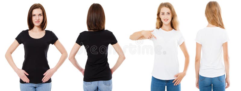 T-shirt set. Front and back view Brunette and Blonde in white and black t shirt isolated. Two girl in blank shirt, Mock up