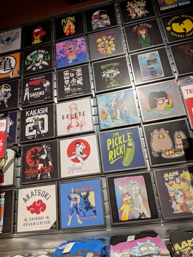 Fox Hills, Culver City, California - October 25, 2018: T-Shirts featuring Rick and Morty, Scooby Doo, Power Rangers, and Wu Tang Clan for Sell at Spencer`s Inside Westfield Culver City Mall, which is the most accessible and visible shopping center in West Los Angeles, located directly adjacent to I-405. Spencer Gifts LLC, doing business as Spencer`s, is a North American mall retailer with over