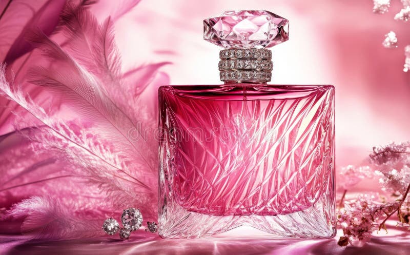 Ta delikatna butelka perfum ma kryształową nakrętkę otoczoną miękkimi pastelowymi piórami na migoczącej powierzchni obraz stock