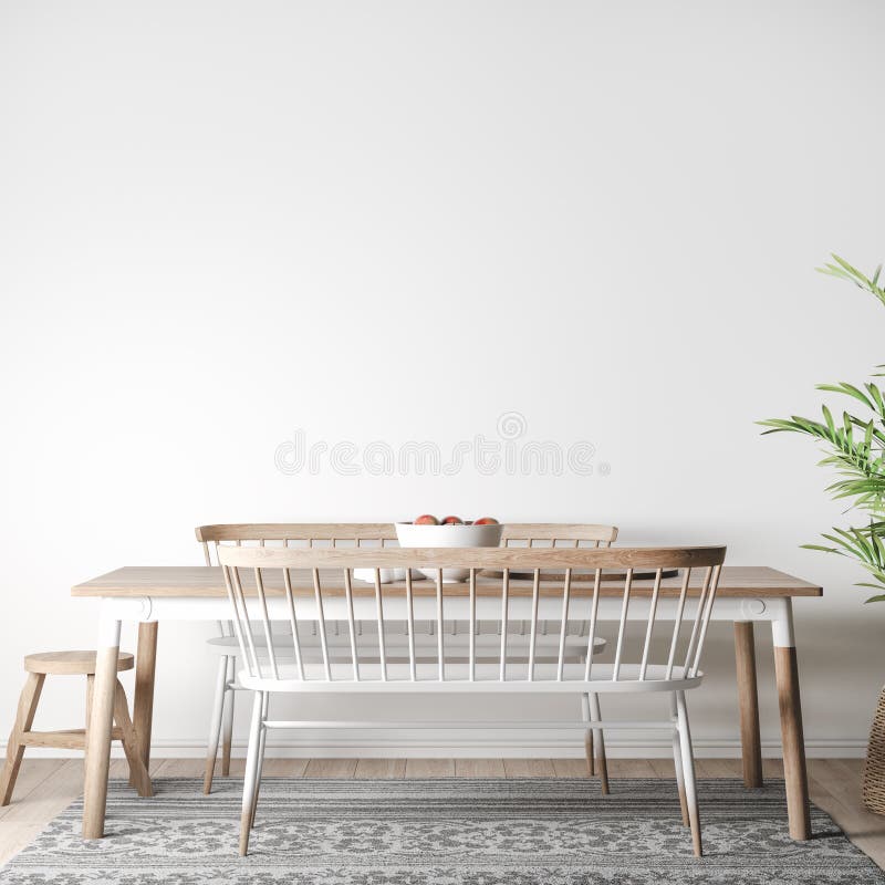 Ta en inre modell i ett lantbrukshus med trädiningrum med grön växt 3d som illustration av 3d royaltyfri illustrationer