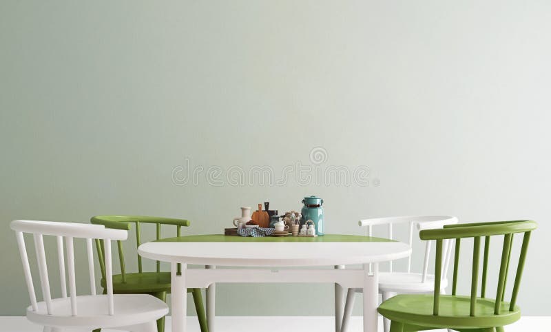 Ta fram matbordet i olivgrön och vit färg, modern inre bakgrund, matsalen, närliggande, skandinaviskt format, 3D stock illustrationer