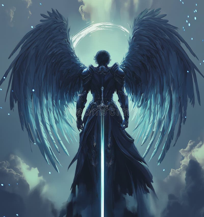 Majestic Dark Angel with Large Wings and Glowing Sword: A Fantasy Artwork. Ta grafika przedstawia motywy fantazji i zagadki