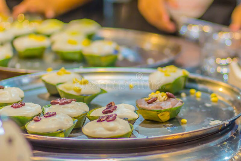 Ta går, thailändsk pudding med kokosnöttoppning Thailändsk efterrätt som är söt med krämiga kokosnöttapiokor och kokosnöten för ä arkivbild Ta går, thailändsk pudding med kokosnöttoppning Thailändsk efterrätt som är söt med krämiga kokosnöttapiokor och kokosnöten för ä arkivbild