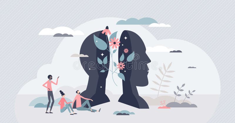 Ta hand om psykisk hälsa eller inre fred och harmoni, pyttelitet begrepp. stock illustrationer