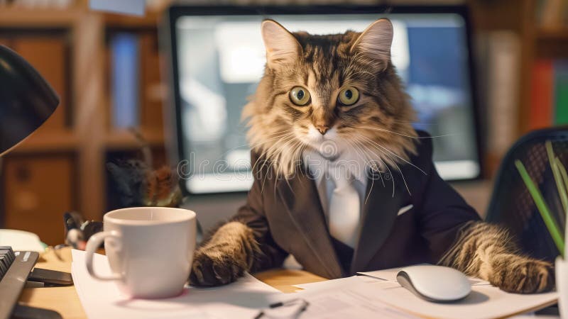 Tabby Katze in einem Business Anzug sitzend an einem Schreibtisch mit Computer und Kaffeekrug lizenzfreie abbildung