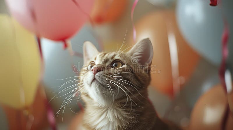 Tabby Katze fasziniert von schwimmenden Ballons vektor abbildung
