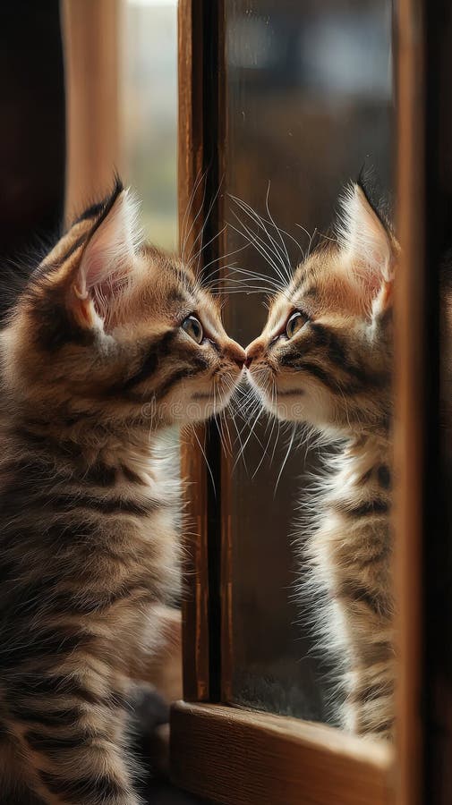 Tabby kitten closely examining its own reflection stock image