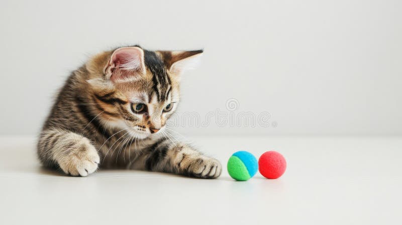 Tabby Kitten Eyes Colorful Balls Gotowy do gry Feline Feline Zabawy royalty ilustracja