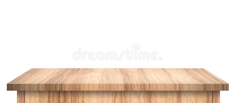Tabela de madeira vazia com o teste padrão abstrato isolado no fundo branco puro Mesa e placa de exposição de madeira da pratelei
