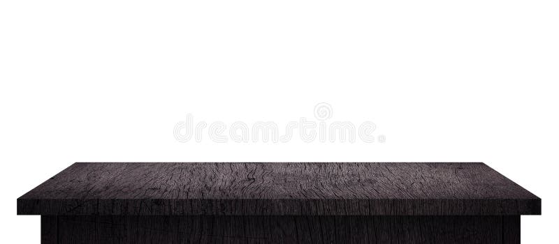 Tabela de madeira vazia com o teste padrão preto isolado no fundo branco puro Mesa de madeira e placa de exposição preta da prate