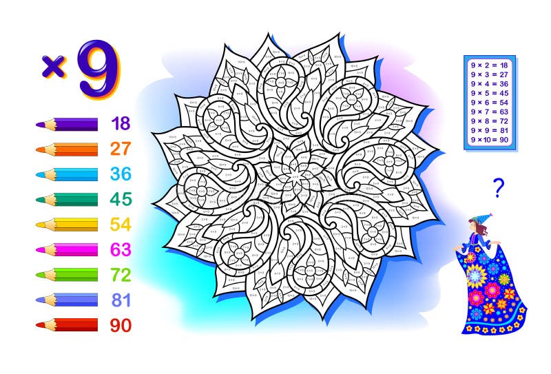 Tabela De Multiplicação Por 9 Para Crianças. Educação Matemática. Livro De  Coloração. Resolva Exemplos E a Mandala Oriental Colori Ilustração do Vetor  - Ilustração de mandala, enigma: 225188750