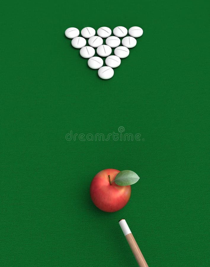Pills and red apple on billiard table. Pills and red apple on billiard table