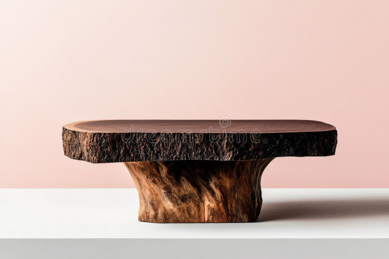 Tabella rotonda di legno che mostra texture naturali in uno spazio moderno luminoso. Una tavola rotonda in legno, fatta di materiali naturali, è ben visibile in un ambiente luminoso illuminato dalla luce del sole che filtrano attraverso lo spazio. AI Generative AI generate