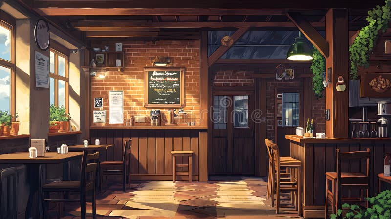 Tabelle vuote in un caffè rustico illustrazione di stock