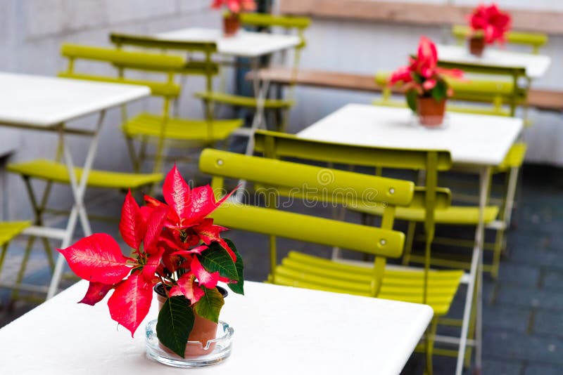 Tabellen, Stühle und Blumen Cafeteria an der im Freien lizenzfreie stockfotografie Tabellen, Stühle und Blumen Cafeteria an der im Freien lizenzfreie stockfotografie