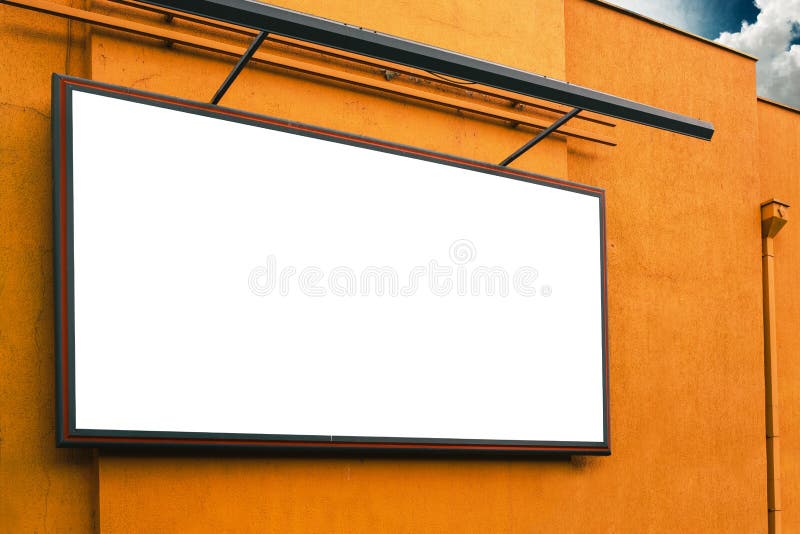 Blank advertising billboard on supermarket store exterior wall, copy space for text of graphic design. Blank advertising billboard on supermarket store exterior wall, copy space for text of graphic design