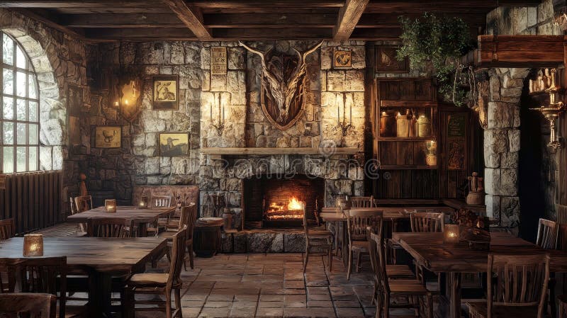 Taberna de fantasía medieval con comida y bebida en la chimenea 3d renderización. generado por ai