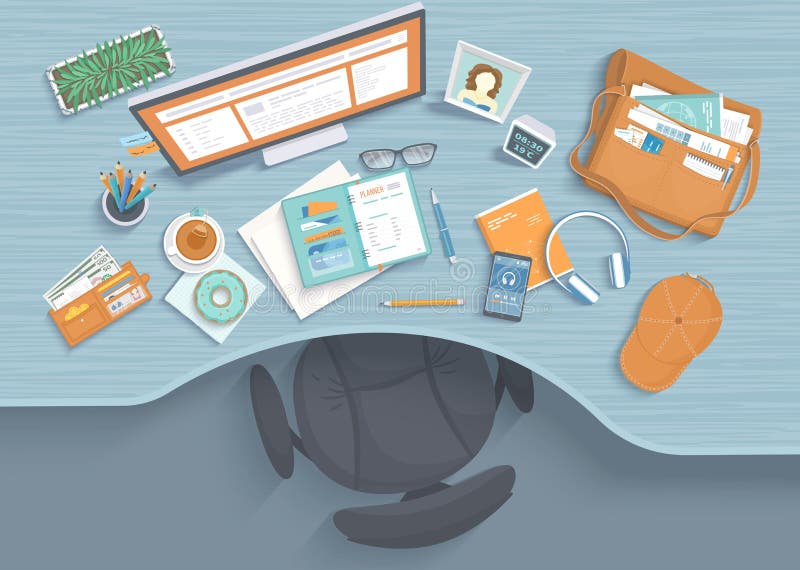 Tabla con hendidura, butaca, monitor, planificador, auriculares, teléfono Lugar de trabajo moderno y elegante ilustración del vector Tabla con hendidura, butaca, monitor, planificador, auriculares, teléfono Lugar de trabajo moderno y elegante ilustración del vector