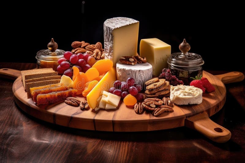 Tabla De Quesos Variada Con Nueces Y Frutos Secos Foto de archivo