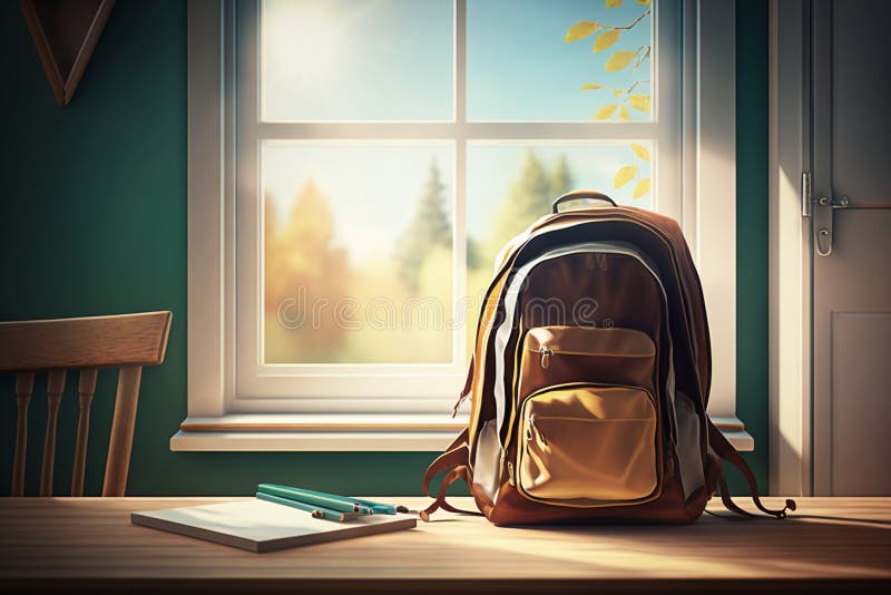 Table Background with Opened Window and Schoolbag View. Sunny Day in