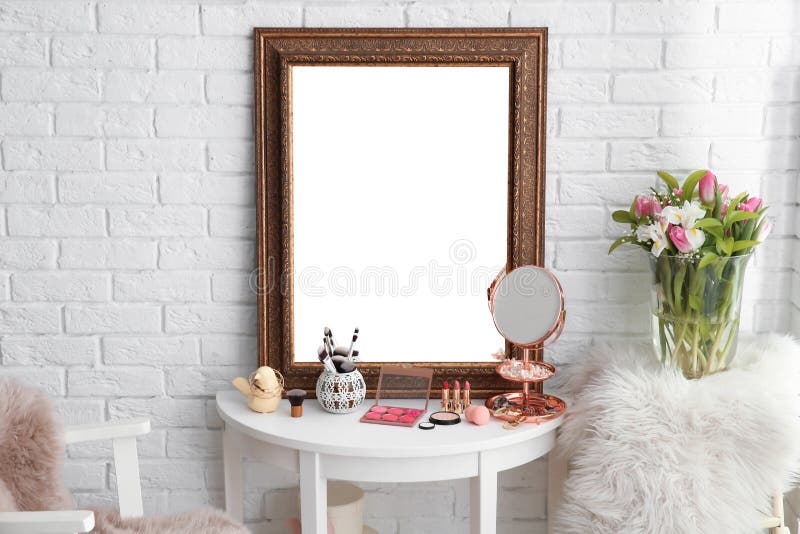 Table with Beautiful Mirror and Cosmetics Stock Photo Image of studio