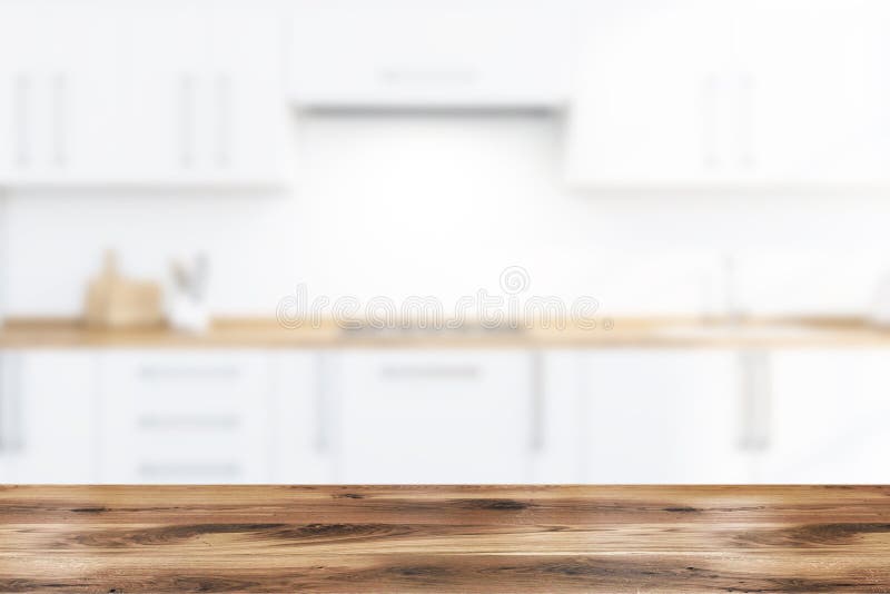 Table in Blurry White Kitchen with Countertops Stock Illustration ...