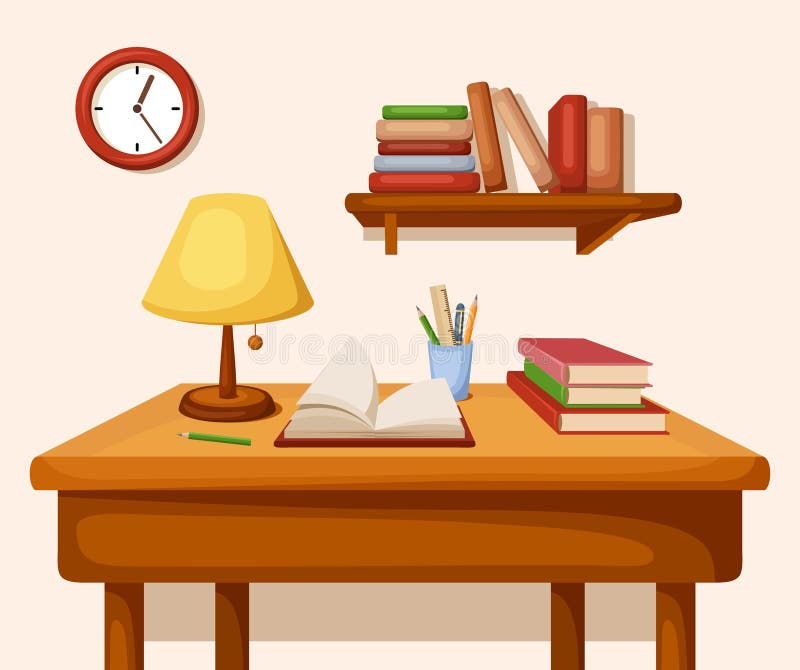 Table With Books And Lamp On It, Shelf And Clock. Vector Interior. Stock Vector - Illustration ...