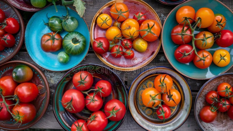 Table with bowls of fresh tomatoes and assorted veggies royalty free stock photos